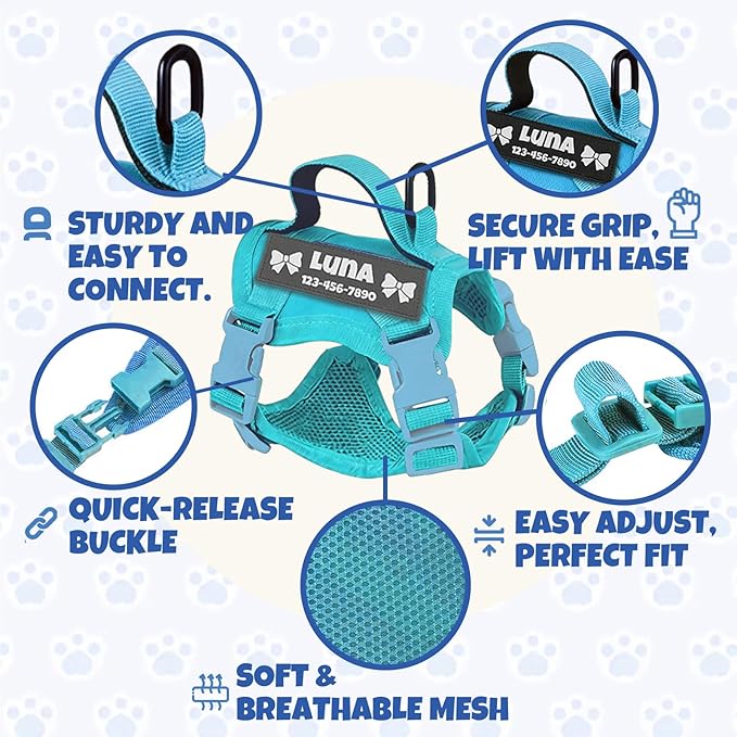 Custom Blue Tactical Cat Harness and Leash Escape Proof Adjustable Vest with Reflective Strips and Personalized Patch Soft Breathable Outdoor Gear for Walking Training Fits Cats 7-12 lbs