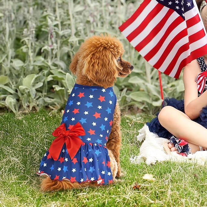 2-Pack 4th of July Dog Dress Independence Day Puppy Cat Dresses USA Flag Pet Clothes Costume Dog Stripes Stars Outfits Skirts for Small Medium Dogs S