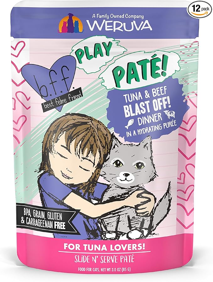 Weruva B.F.F. Play - Best Feline Friend Paté Lovers, Aw Yeah!, Tuna & Beef Blast Off! with Tuna & Beef, 3oz Pouch (Pack of 12)