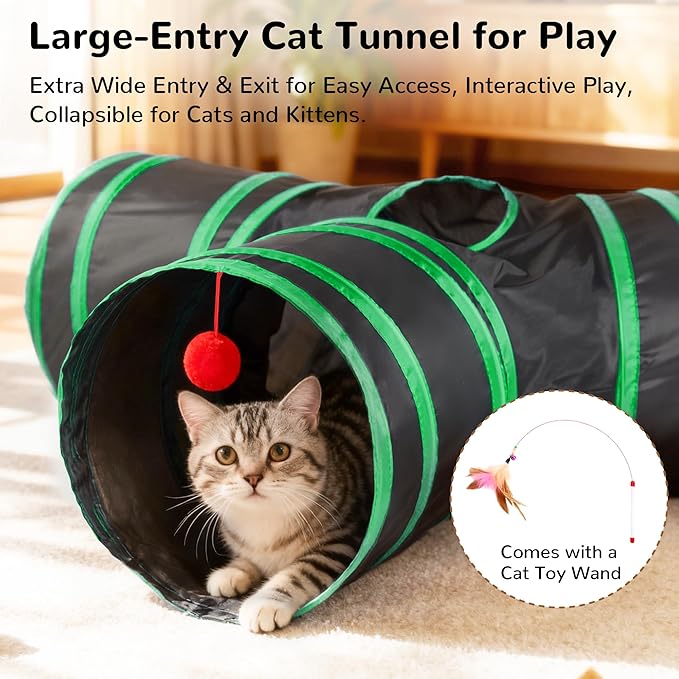 Tempcore Cat Tunnel for Indoor Cats, 3-Way Collapsible Play Tunnel with Teaser Wand, Peek Holes & Toy Ball, Small Pet Toy for Kittens & Rabbits, Black & Green