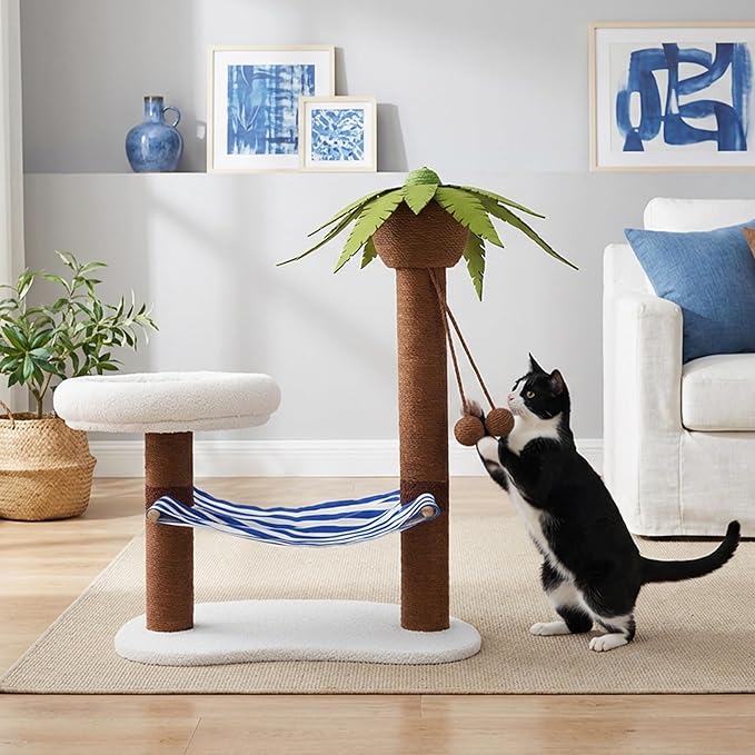 ZEZE Summer Coconut Island Cat Tree with Hammock & Bed — Tropical Palm Tree Cat Scratching Post, Cozy Plush Cat Nest, Sisal Rope Climbing Tower for Indoor Cats, Stable Base