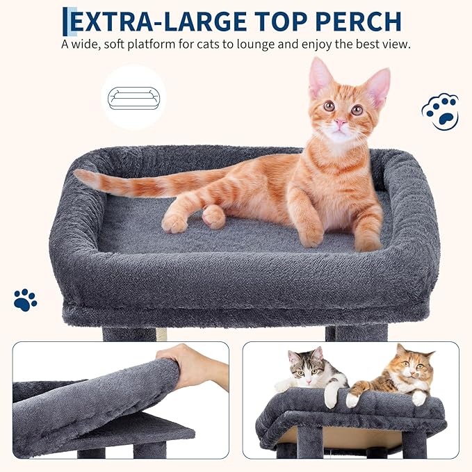 61.4 Inch Cat Tree, Large Cat Tower with Sisal Scratching Posts, 2 Spacious Cat Beds, Hanging Ball & Top Perch, Ideal for Large Indoor Adult Cats, Dark Gray