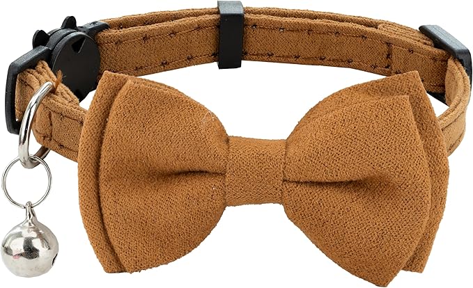 Cat Collar with Bow Tie Bell Breakaway Kitten Small Pet Safety Solid Wedding Basic Pure Color Suede Soft Adjustable [1pc] Khaki