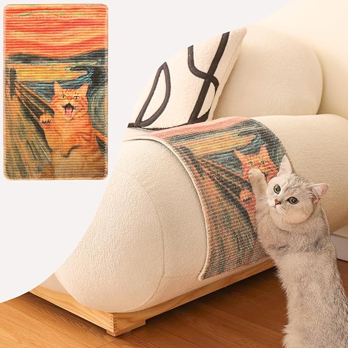 Furrther Sisal Cat Scratcher Post Mat (Use on Wall, Couch and Carpet), Durable and Shedding-Resistant Cat Scratching Surface - 21.7x13 inch with Adhesives and Twist Pins (Scream)