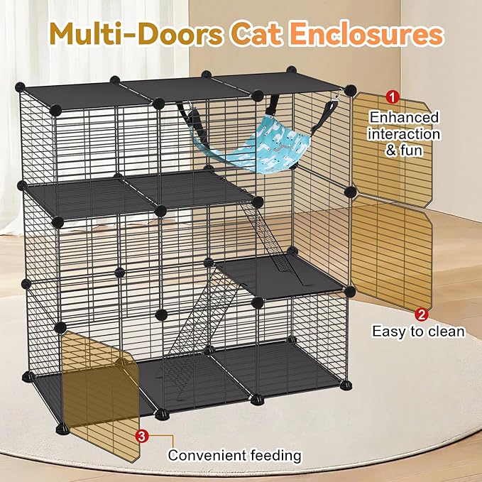 VISCOO Cat Cage, 3-Tier DIY Catio Cat Enclosures, 36" x 16" x 36" Cat Playpen Indoor & Outdoor with Hammock, Detachable Metal Wire Kennel Cats Crate, 3x1x3 Exercise Place for 1-2 Kitten/Squirrel