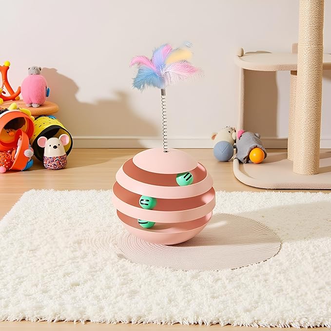 Interactive Cat Toy, Automatic Spinning Cat Toy for Indoor Cats, Engaging Kitten Toy with Feather for Exercise & Mental Stimulation, 3-Layer Cat Ball Track Durable Safe Toy to Reduce Boredom(pink)