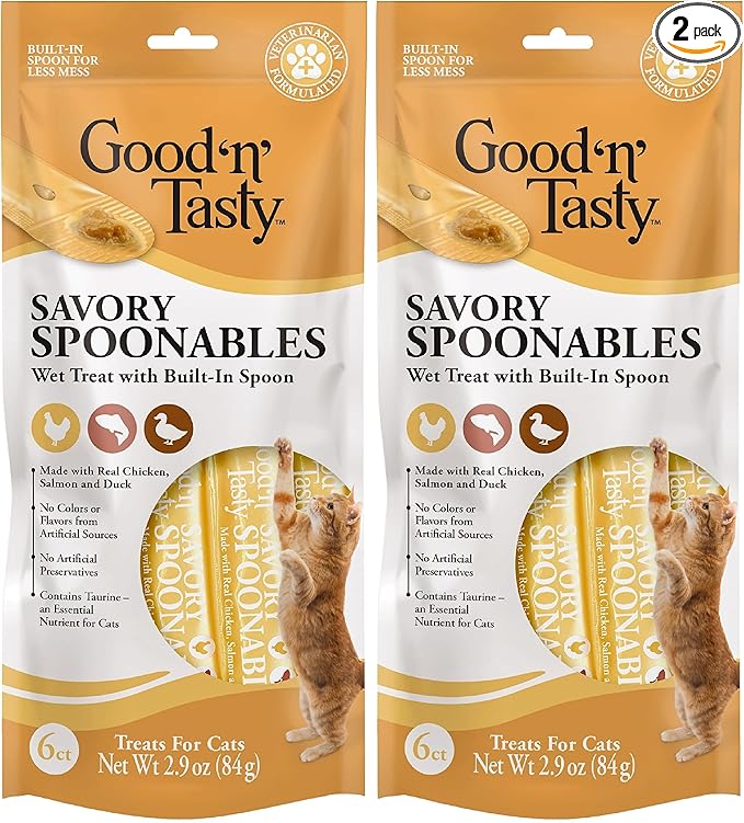 Good ‘n’ Tasty Savory Spoonables with Real Chicken, Salmon & Duck, 6 Count Tube, Triple Flavor Squeezable Lickable Wet Treats for Cats with Built-in Spoon for Less Mess (Pack of 2)