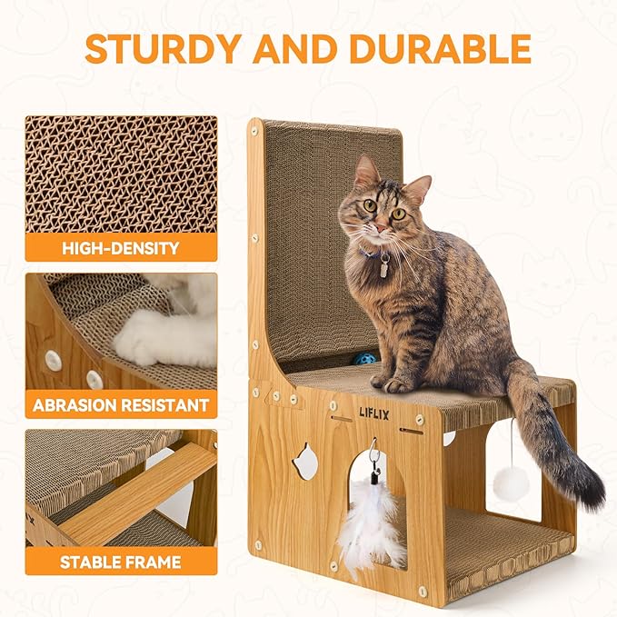 LIFLIX L-Shaped Double-Layer cat Scratching Board, Cardboard cat Scratching Post with Toys, Cat Scratcher & Hideaway for Indoor Cats to Scratch, Rest and Play