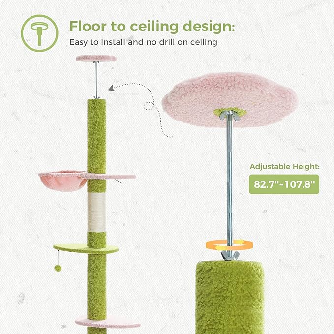 PETEPELA Floor to Ceiling Cat Tree, Cat Tower 5 Tiers Tall (83-108 Inches) Adjustable Height, Climbing Tree Featuring with Spacious Condo, Scratching Post and Perches for Indoor Cats, Pink