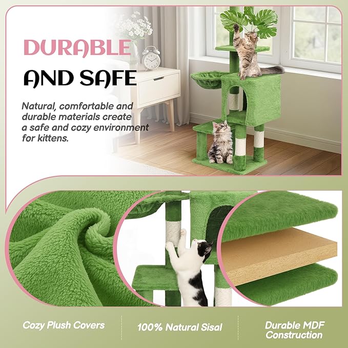 VINGLI Cat Tree, Cat Tower with Leaves, Cat Condo for Indoor Kittens, Cats Activity Center with Cozy Hammock, Sisal Scratching Posts, Green (48" H)