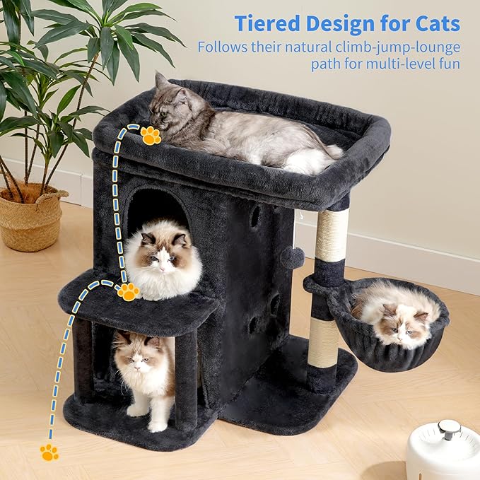 Heybly Cat Tree, 26.3-inch Cat Tower with Spacious Top Perch for Large Cats, Stair-Style Cat House Furniture with Dual-Layer Condos, Sisal Scratching Posts, Cozy Basket & Pompom, Smoky Gray HCT204SG