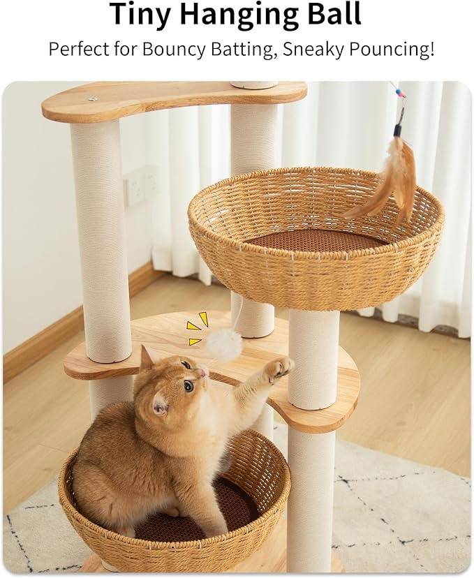 Modern Cat Tree for Large Cats, Wood Cat Tower 3 Condo Perch Heavy DutyBase with Cotton Scratch Post for Indoor Big Cats (90755)