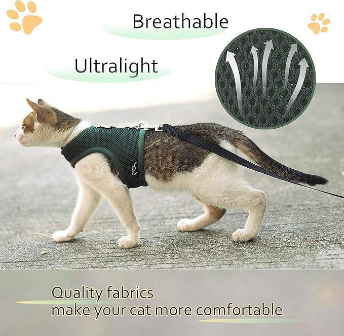 Cat Harness and Leash for Walking Escape Proof Breathable Mesh Fabric, Solid Green, Extra Large, Adjustable Cat Walking Jackets, Padded Stylish Cat Vest