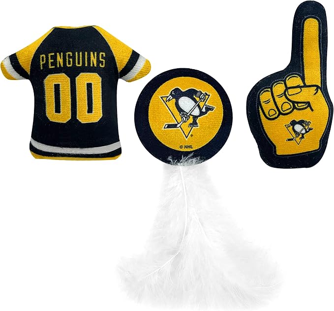 NHL PITTSBURGH PENGUINS Plush Cat Toys Set of 3 - Jersey, Hockey Puck & #1 Fan Cat Toys filled with Fresh Catnip. Team Logo