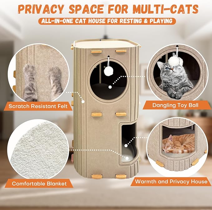 Homegroove Cat House for Indoor Cats, 2-Storey Cozy Felt Cat Bed Cave with Tunnel Hideaway, Large Multi-Cat Condo for Rest & Play (Camel, Large)