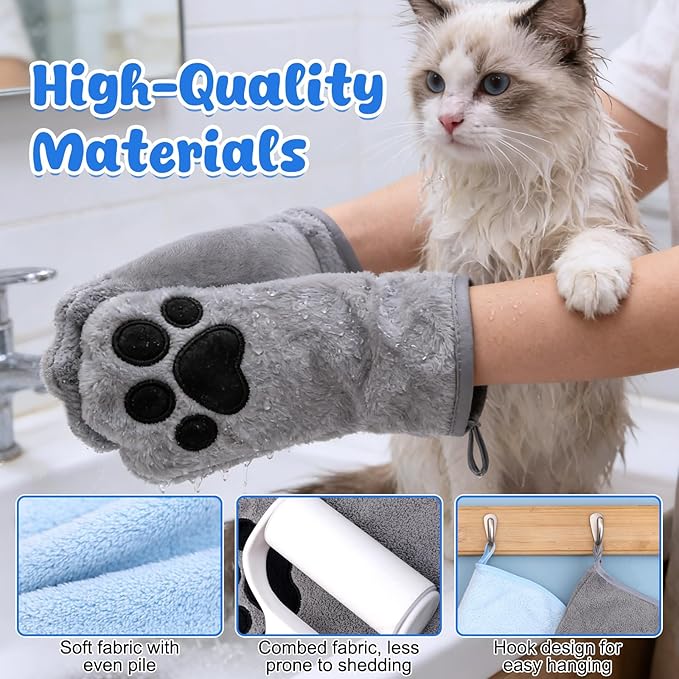 Paw Bathing Towel for Cats Puppy, Reusable Absorbent Quick-Dry Pet Grooming Towel, Soft Bath Mitt for Dirt Odor Removal, Daily Care and Travel, for Dogs & Cats (Blue+Grey)