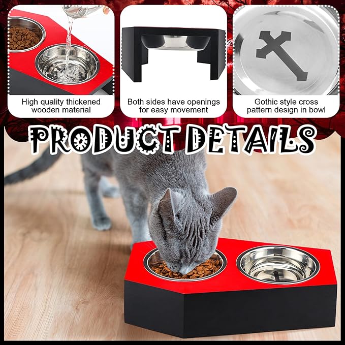 Teenyyou Gothic Cat Food Bowls 5° Raised Elevated Wooden Coffin Cat Bowl for Indoor Kitty Feeder Stand with 2 Stainless Steel Food Water Supplies for Halloween Christmas Animal Lovers Gift