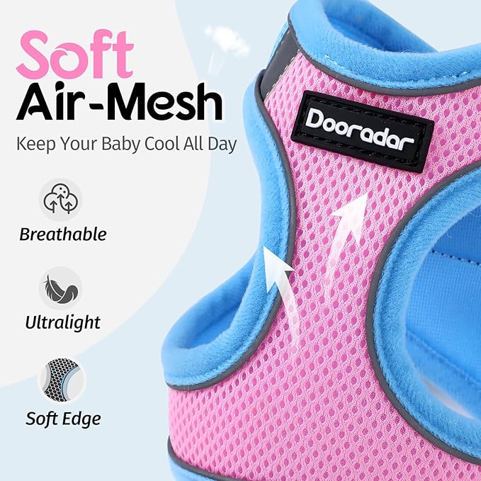 Dooradar Cat Harness and Leash Set, Escape Proof Lightweight Kitten Harness, Soft Breathable Reflective Vest for Outdoor Walking Traveling, Adjustable for Large Cats, Pink & Blue, L