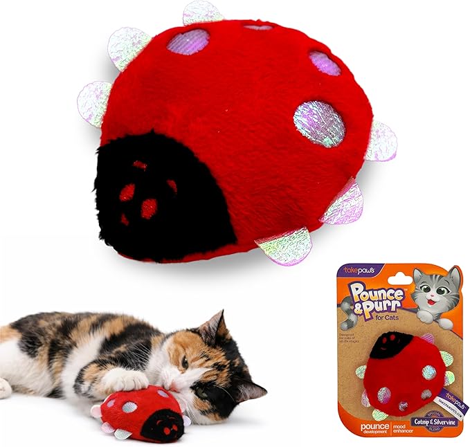 Pounce & Purr® Plush Cat Toys, Catnip & Silvervine Infused, Shiny Iridescent Accents, Interactive Play Toys for Cats & Kittens (Ladybug)