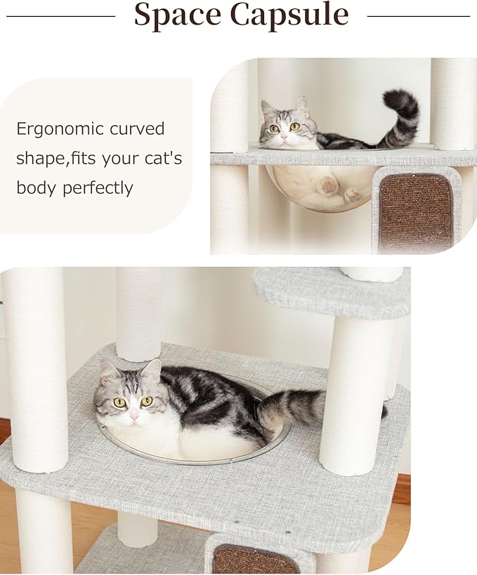 Cat Tree for Large Cat, Modern Senior Friendly Cat Tower with Wide Shelves Low Step, Cotton Scratching Posts, Super Sturdy Base, Cozy Perches, and Interactive Toys (Gray)