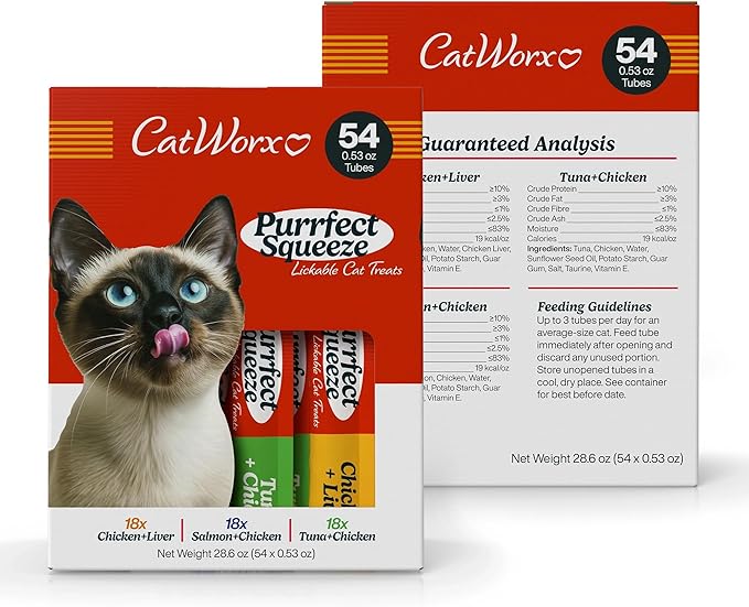 Catworx by Chewmasters Purrfect Squeeze Lickable Soft Cat Treats, 54 Pack - Creamy Purée Squeeze Tubes for Kittens and Adult Cats - Hand Feeding Snack or Food Topper - Training Reward, 0.53 Ounce