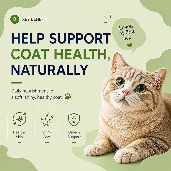 PAWLI Skin & Coat Lickable Cat Treats, Squeeze Cat Treats for Shedding Control & Healthy Fur, Cat Treats for Skin and Coat Support, Grain-Free, 7 Count (3.5 oz Total)