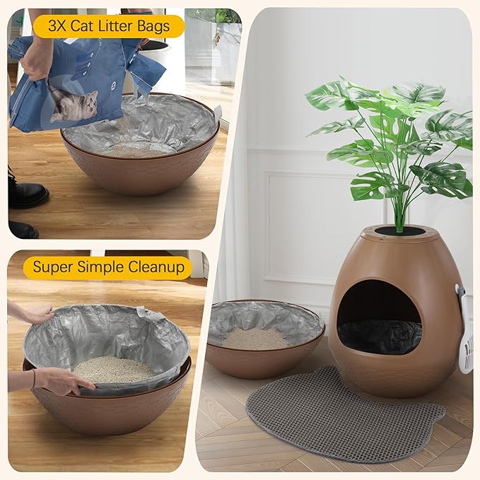 Eggloa6 Hidden Litter Box Plant Cat Litter Box with 5PCS Litter Box Liners, Cat Litter Mat, Smart Odor Removal System, Artificial Plants & Scoop for Kitty Squirrel Guinea Pig
