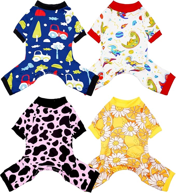 PET SHOW 4 Pack Dog Pajamas for Medium Large Dogs Girl Boy Small Dog Clothes Soft Stretchy PJs Dinosaur Car Jumpsuit Puppy Cats Daisies Cow Jammies Onesies Outfits with Sleeve Pets Costume, L