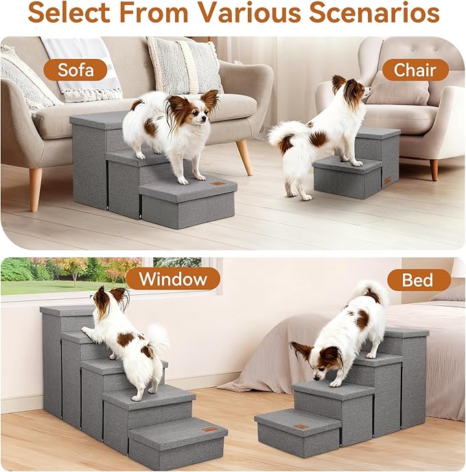 Zerbuger Wider Dog Ramp for High Bed with Storage 18" H, Foldable Dog Stairs for Small Medium Large Older Senior Animal, Sturdy Dog Step for Climbing Bed or Couch, Arthritis-Friendly (Gray, No Condo)