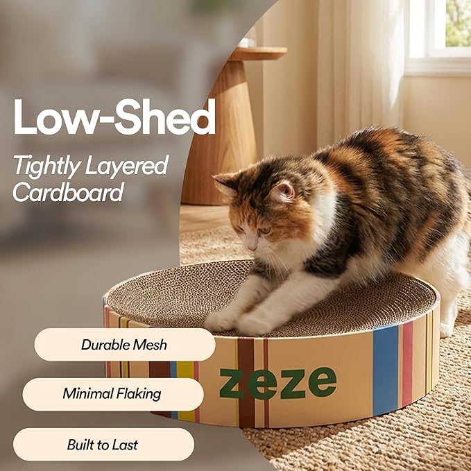 ZEZE Round Cat Scratcher Bed — Durable Corrugated Cardboard Cat Lounge, Scratch & Sleep Bowl Shape Cat Bed, Cozy Curved Design, Minimal Mess, Sturdy Edge Support (Cream Mille-Feuille)