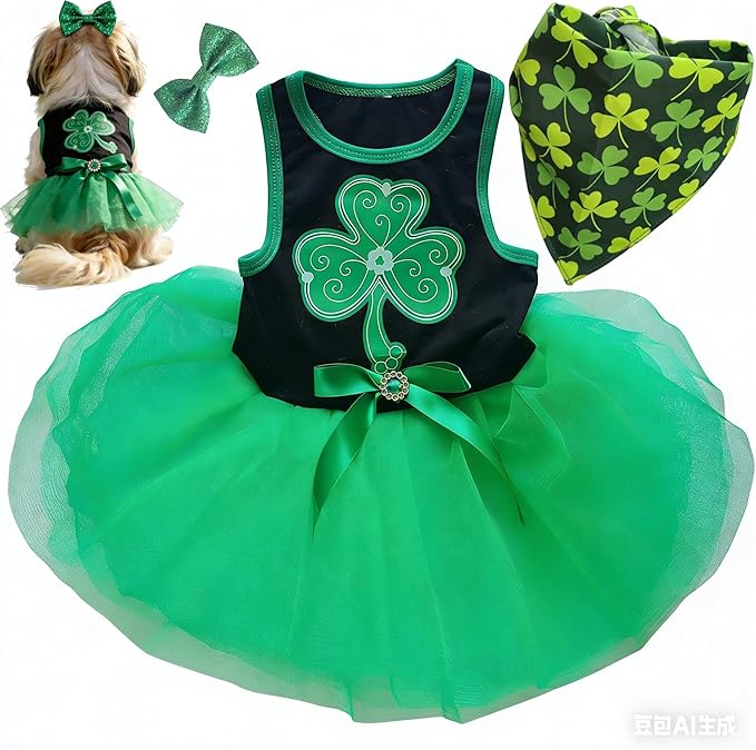 Small Dog St. Patricks Day Outfit Green Dress, Bandana & Bow Clip 3 Piece Irish Pet Cat Costume Accessories L