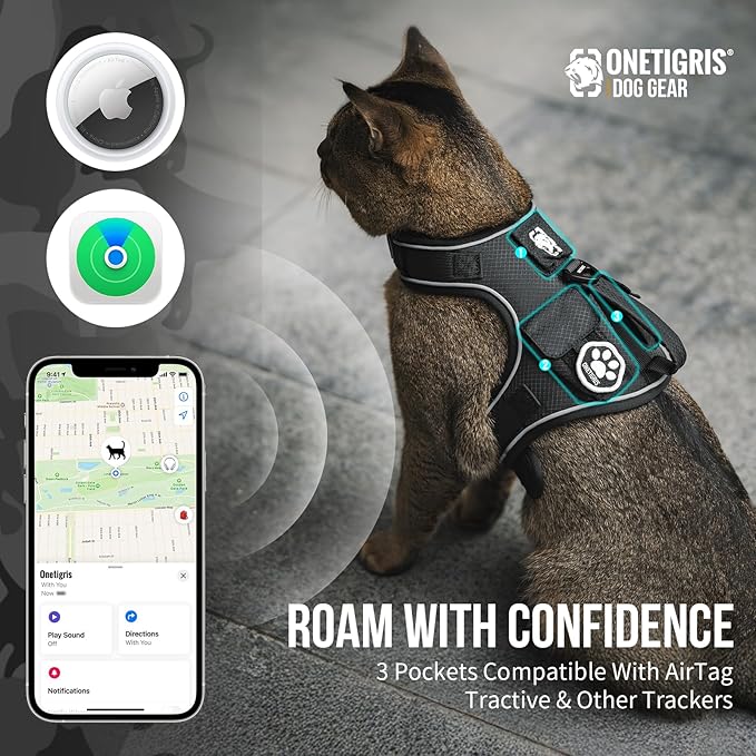 OneTigris Tactical Cat Harness and Leash - Escape Proof Soft Adjustable Cat Harness, Breathable, Comfortable, Durable Water-Resistant Vest with Reflective Strips and Pocket for Cat Tracker