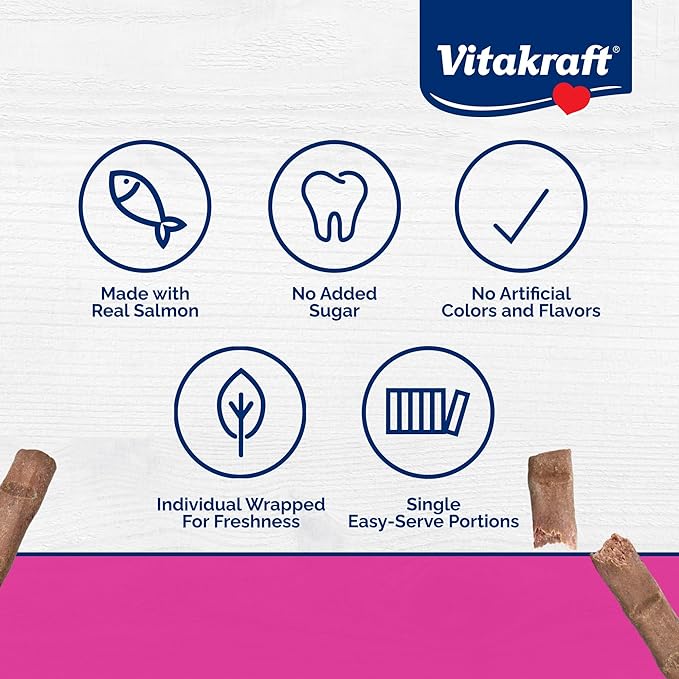 Vitakraft PurrSticks for Cats - Nutritious & Healthy Soft Cat Treats - Gently Oven Roasted Meat Sticks for Cats w/ 70% Meat - Easy-to-Serve Cat Chew Sticks (Salmon, 60 Pack)