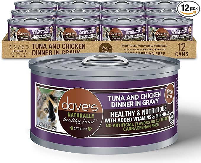Dave's Pet Food Grain Free Wet Cat Food (Tuna & Chicken in Gravy), Naturally Healthy Canned Added Vitamins & Minerals, Wheat & Gluten-Free, 3 oz (12pack)