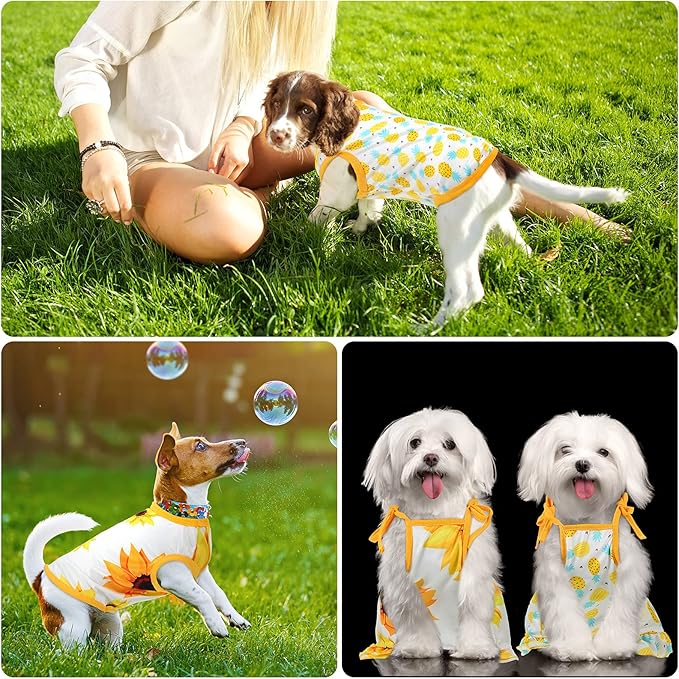 Frienda 4 Pieces Dog Clothes Set Include 2 Pcs Cute Pet Dress Lovely Dog Dress and 2 Pcs Breathable Pet T Shirt Puppy Clothes(Pineapple, Sunflower,Medium)