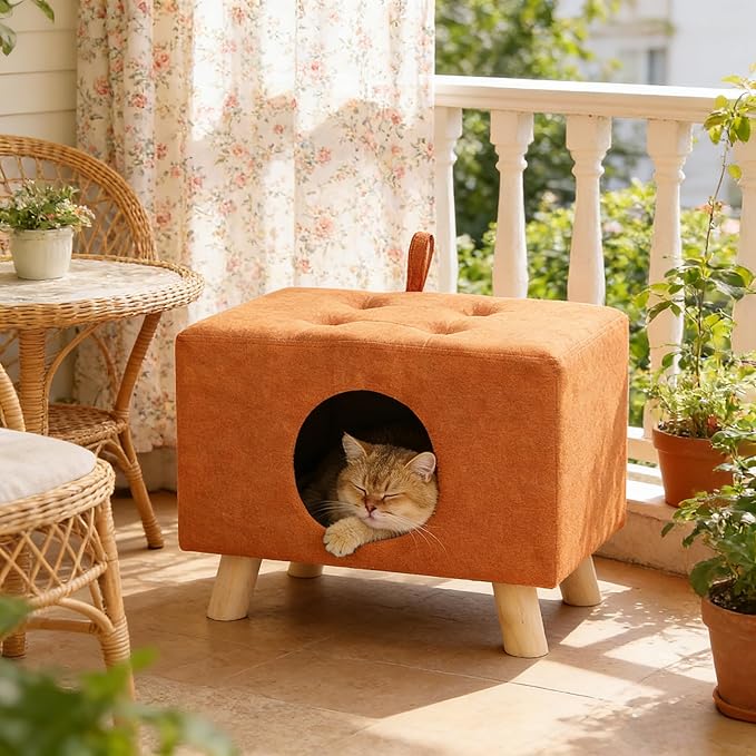 2-in-1 Cat Bed Stool, Semi-Enclosed Cat Cave Pet Bed for Indoor Cats & Small Dogs, Sturdy Wooden Legs, All-Season Cat House with 7.1” Entrance, Warm Winter Cat Furniture (Blue)