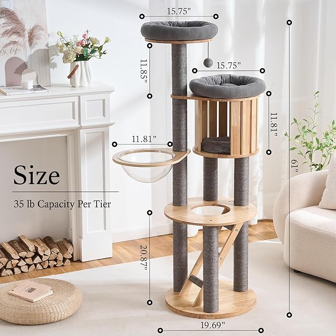 797Audio Wood Modern Cat Tree, 61.5" Tall Cat Tower with Sisal Scratching Posts, Cat Condo, Capsule and Ladder, Solid Wooden Aesthetic Multi-Level Cat Climbing Tree for Large Adult Indoor Cats-Gray