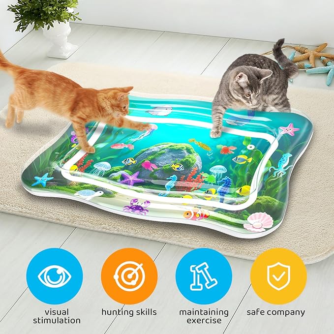 Interactive Cat Toy for indoor Cats, Upgraded Cat Water Mat with Fish, Thickened 0.7mm Cooling & Heating Water Bed Pad, Enrichment Stimulating Water Sensory Play Mat for Bored Adult Kitten Cats