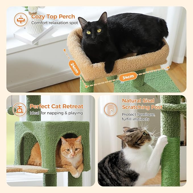 MUTTROS Cactus Cat Tree for Indoor Cats, 44.5" Multi-Level Cat Tower with Large Metal Frame Hammock, Cat Condo with 2 Scratching Posts and Top Perch for Small to Medium Cats, Green