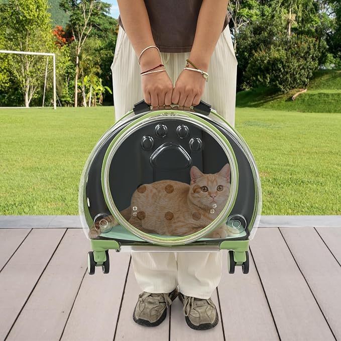 4-Wheel Rolling Cat Carrier, Hard Shell Pet Carrier with Ventilation Holes, Adjustable Handle Cat Travel Carrier, Lightweight Pet Stroller for Airplane, Car, Fits Pets up to 19.8lbs (Green)