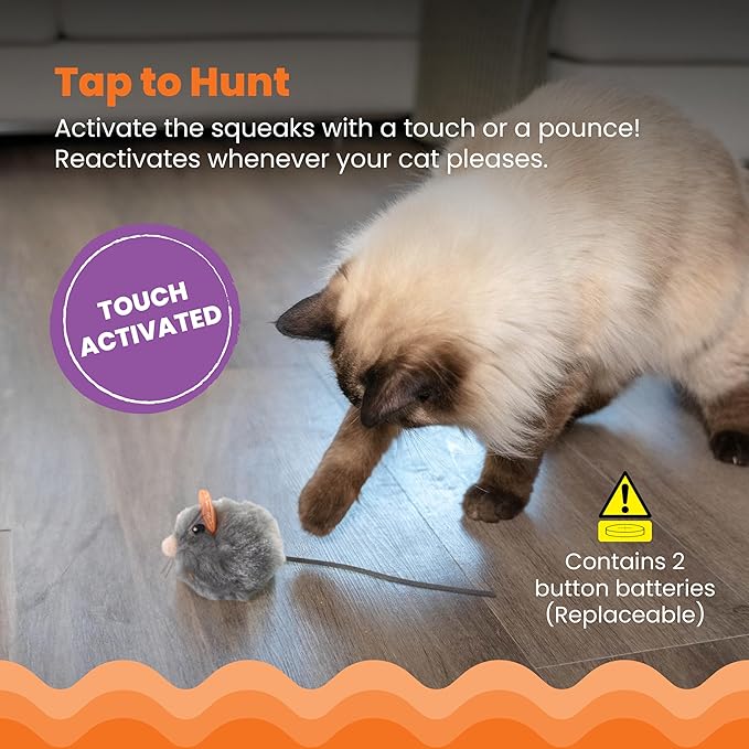 Catstages Squeak Squeak Mouse Cat Toy with Touch-Activated Sound & Catnip, Gray