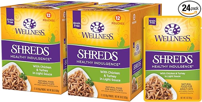 Wellness Healthy Indulgence Shreds Adult Wet Cat Food, Natural, Protein Rich, Grain Free, Chicken and Turkey Recipe, 3 oz, Pack of 24 Pouches