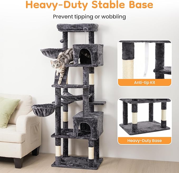 74" Cat Tree Tower with Scratching Posts, Condos, Perch, Hammocks & Toys, Cat Tree for Indoor Cats Large Adult, Ideal for Multi-Cat Households, Dark Gray