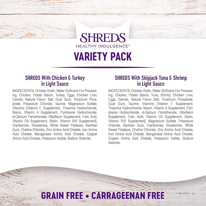 Wellness Healthy Indulgence Shreds Variety Pack Adult Wet Cat Food, Natural, Protein Rich, Grain Free, 2 Flavors, 3 oz, Pack of 8 Pouches