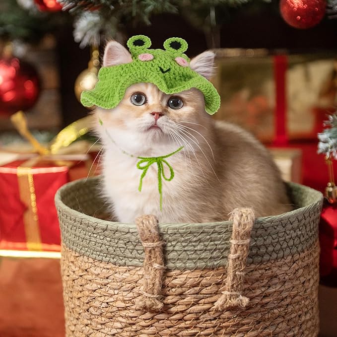 2pcs Frog and Strawberry Cat Hat, Cotton & Soft Cute Knitted Hats for Cats, Christmas Halloween Holiday Party Clothes Birthday Party Puppy Hat for Small Pets