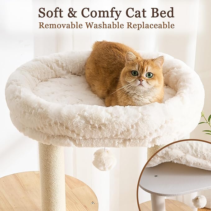 Solid Wood Cat Tree Tower with Scratching Post, 61 inch Multi-Level Cat Towers with Large Soft Cloud-Like Bed, Modern Cat Tower with Wood Spacious Condo with Removable Cushion for Indoor Cats