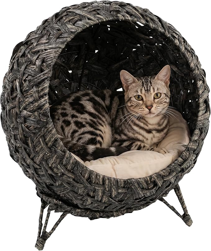 PawHut Rattan Cat Bed, Elevated Handwoven Cat Basket Bed with Soft Cushion and Metal Base, Indoor Kitty Furniture, Breathable, for Kittens, Gray