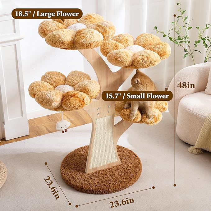 Aesthetic Flower Cat Tree Tower with Scratching Post for Indoor Cats, 48" Modern Cat Tree with Wood Sculpted Branch, Flower Cat Beds, Scratching Board & Interactive Squeaky Toy, Sunset Brown