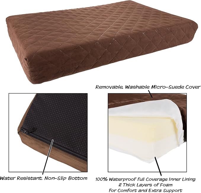 Waterproof Dog Bed - 2-Layer Memory Foam Pet Pad with Removable Machine Washable Cover - 30x21 Crate Mat for Dogs or Puppies by PETMAKER (Brown)