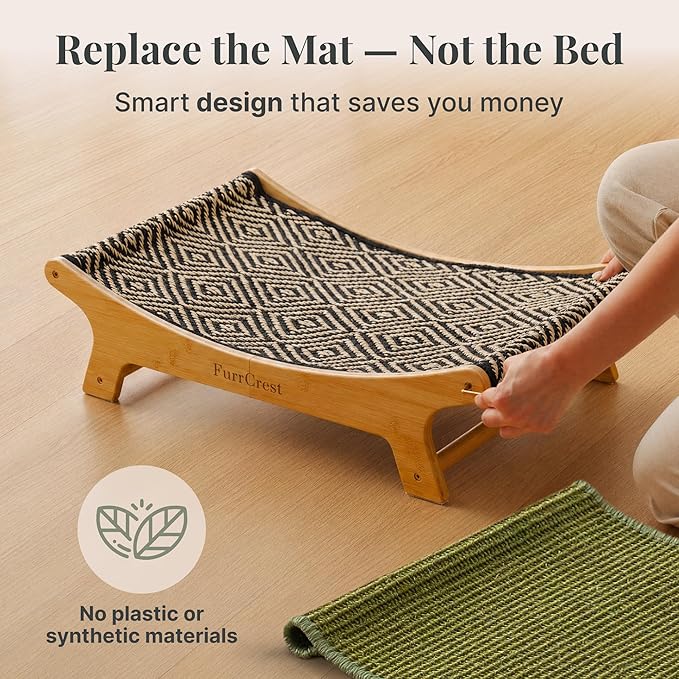 XL Sisal Cat Scratcher Bed with Elevated Hammock for Indoor Cats, Replaceable Natural Sisal Pad, Large Cat Lounge, Anti-Slip No-Wobble Bamboo Frame, Grey Chevron.